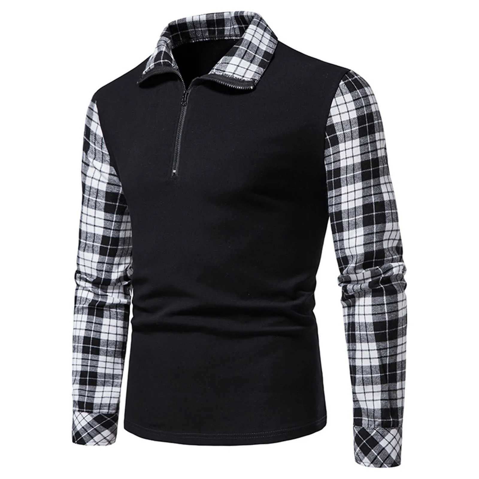 Mens polo shirt zipper long sleeved business zipper top official work plain weave splicing T-shirt mens casual T-shirt W240913