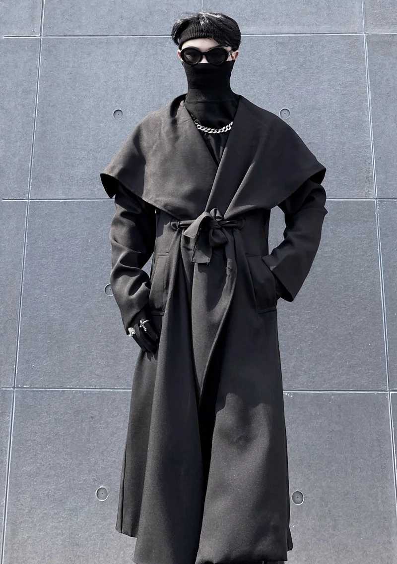 Mens Long Windbreaker Black Loose Large Windbreaker Coat Spring And Autumn New Mens Ins Personality Super Large Neckline Y240913