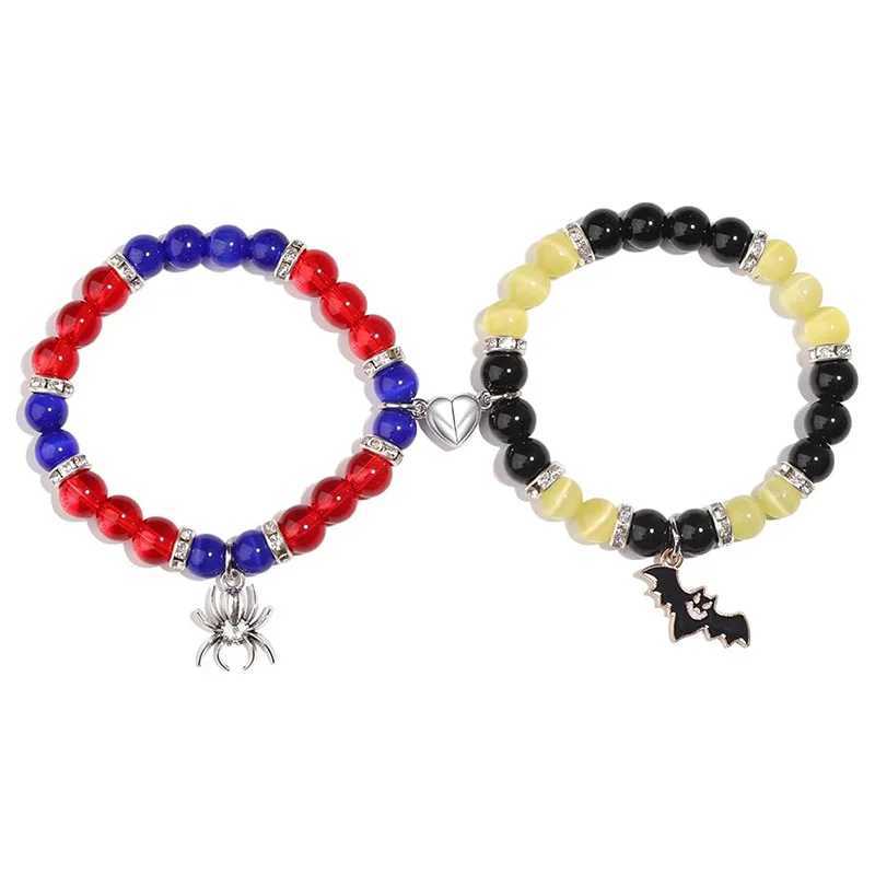 2PCS Halloween Spider Cat Bat Couple Bracelet Mens Heart Magnetic Matching Bracelet Stone Crystal Bead Bracelet Jewelry W240913