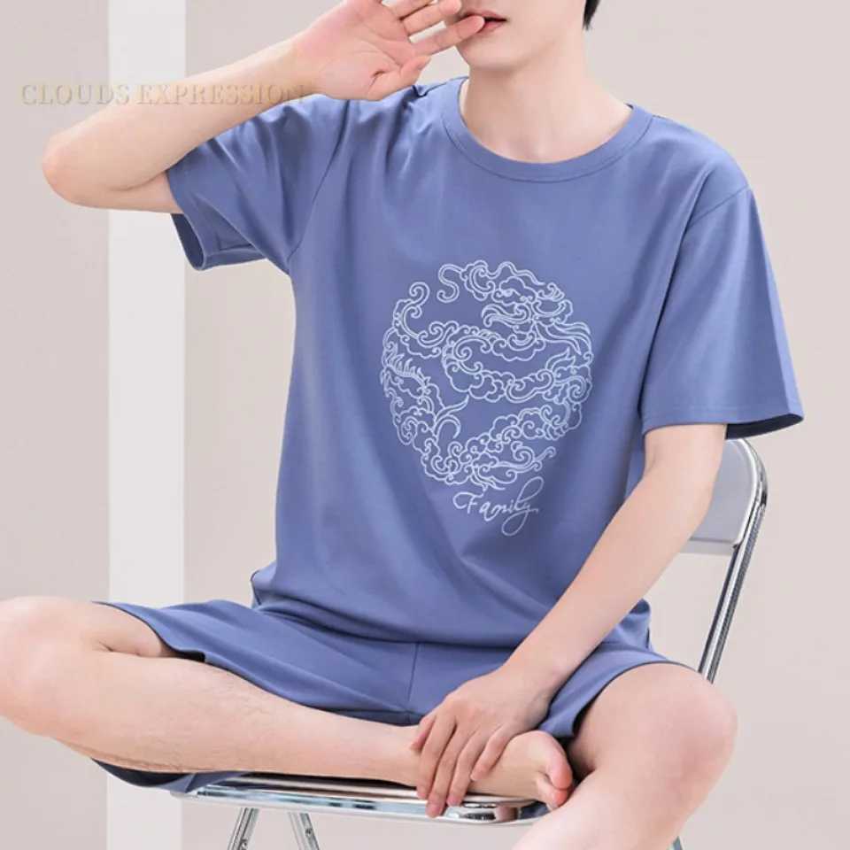 Summer 4XL Knitted Cotton Short Sleeved Mens Pajamas Sets Male Pajama Set Plaid Pajama For Men Sleepwear Suit Homewear Size Y240913