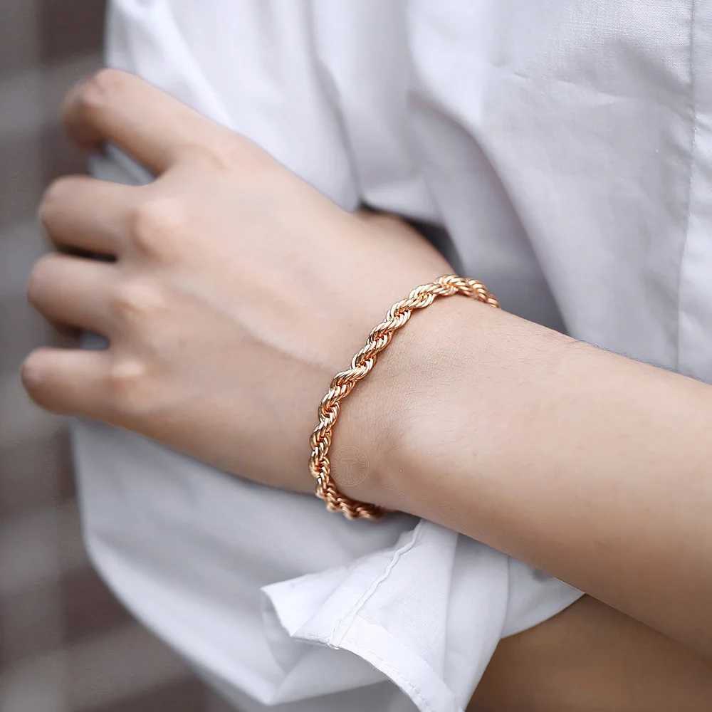 Womens Mens Bracelet 585 Rose Gold Color 5/6mm Twisted Rope Link Chain Bracelet for Women Men Wedding Neck-Jewelry LCB47AX240913