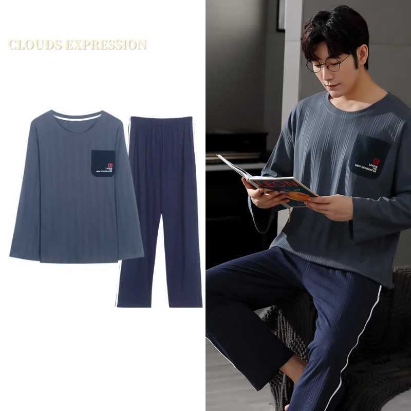 Spring Autumn L-4XL Knitted Cotton Simple Mens Pyjamas Suits Pajamas Set Casual Male Sleepwear Pyjamas Night Pijamas Homewear Y240913