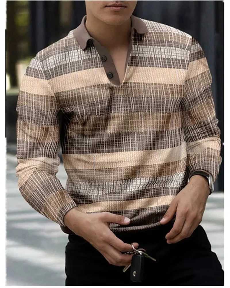 Mens casual spring and summer long sleeved polo shirt mens T-shirt geometric splicing printed clothing top-level T-shirt W240913