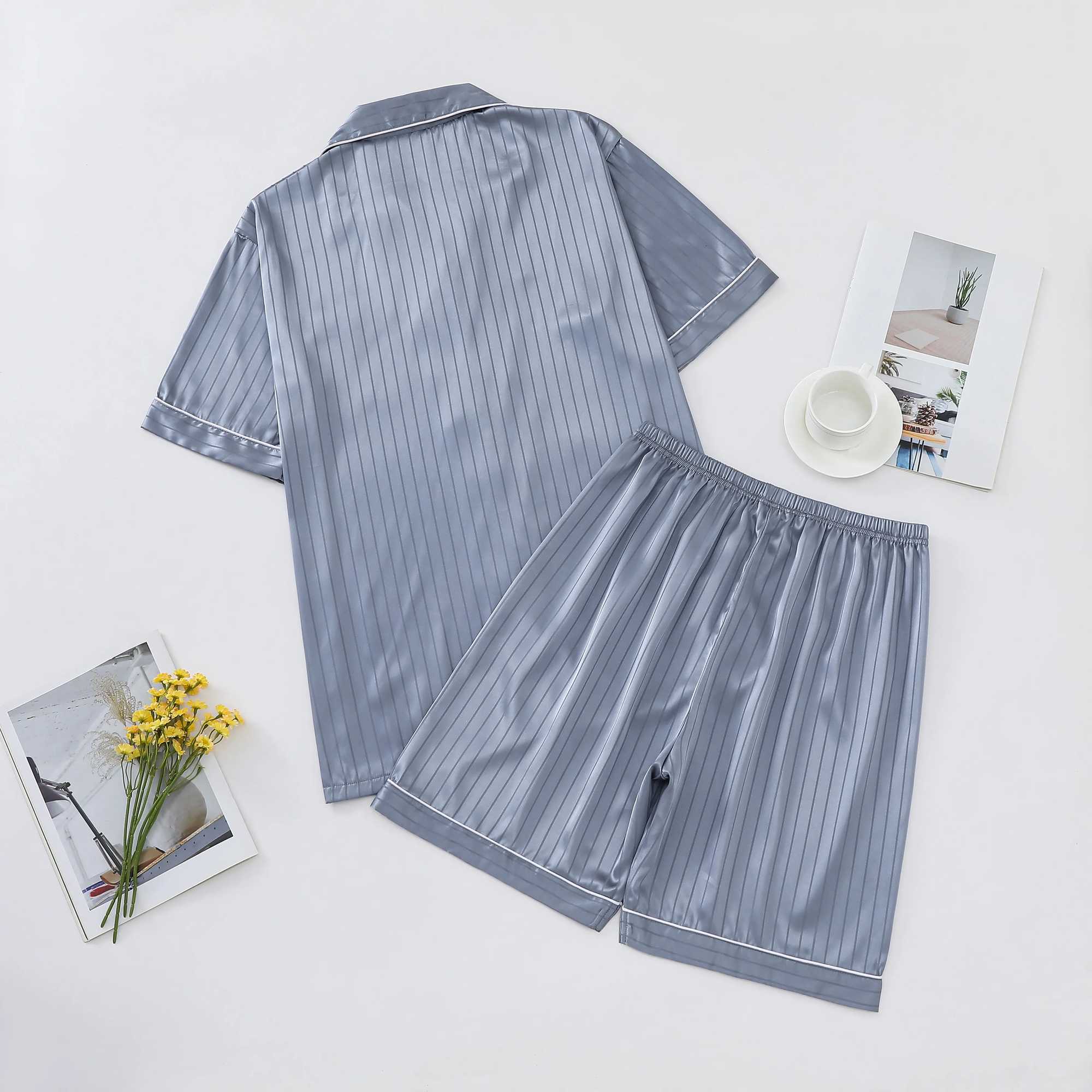 Summer new mens cool ice silk jacquard pajama two-piece set Y240913
