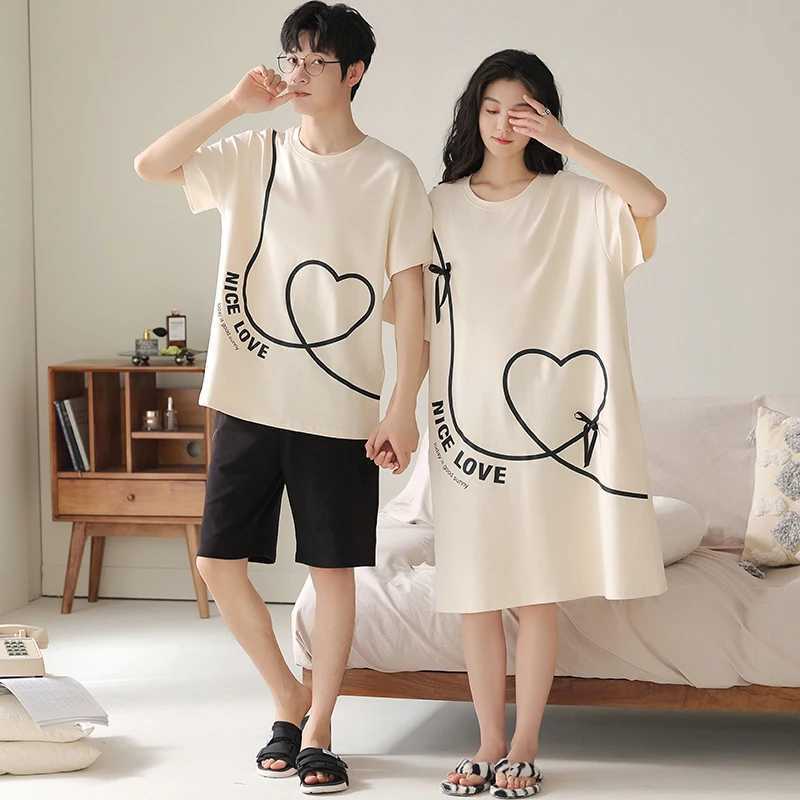 Summer Couple Pajama Sets 100%Cotton Men Short Sleeve Pyjamas Sexy Women Nightgown Y240913