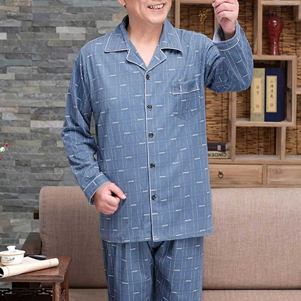Men Pajama Set Mid-aged Fathers Spring Summer Pajamas Set with Long Sleeve Shirt Wide Leg Pants for Comfortable Homewear Y240913