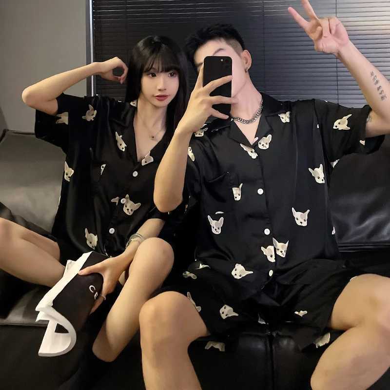 Women Ice Silk Pajamas Set Cartoon Bear Sleepwear Loungewear Button-Down Pajama Men Pijama Homewear Shorts Set for Couples Y240913