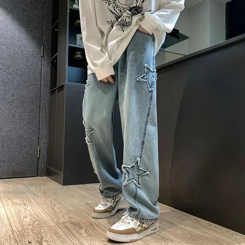 Mens Star Embroidered Fashion Loose Jeans Y2K High Street Hip Hop Stretch Soft Straight Wide Leg Denim Trousers Male 240911