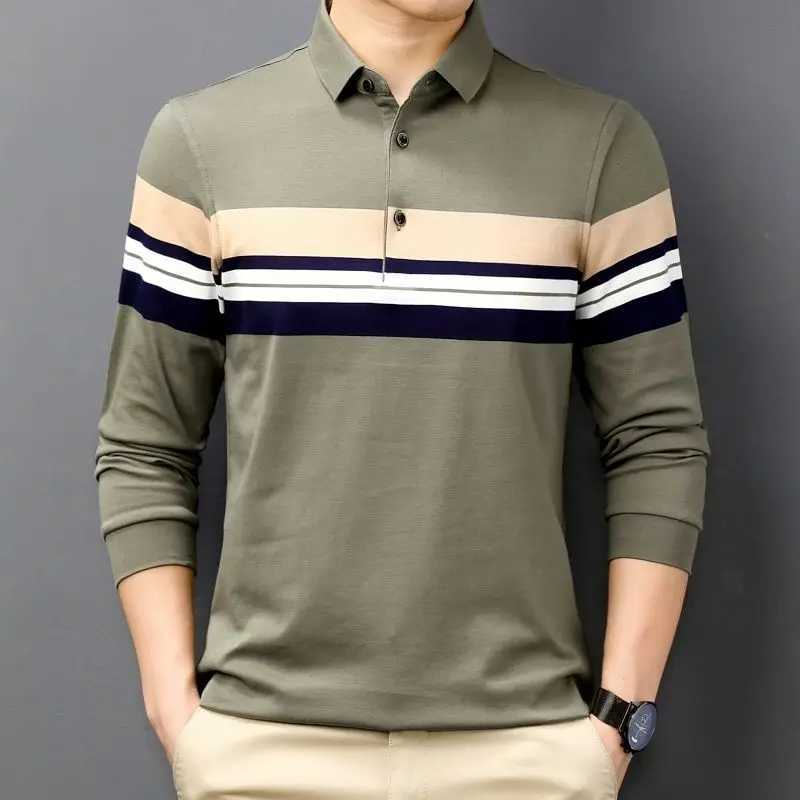 Fashionable Spring Mens Polo Neck Long Sleeve Comparison Button Polo Shirt Autumn Loose and Comfortable Casual Top W240913