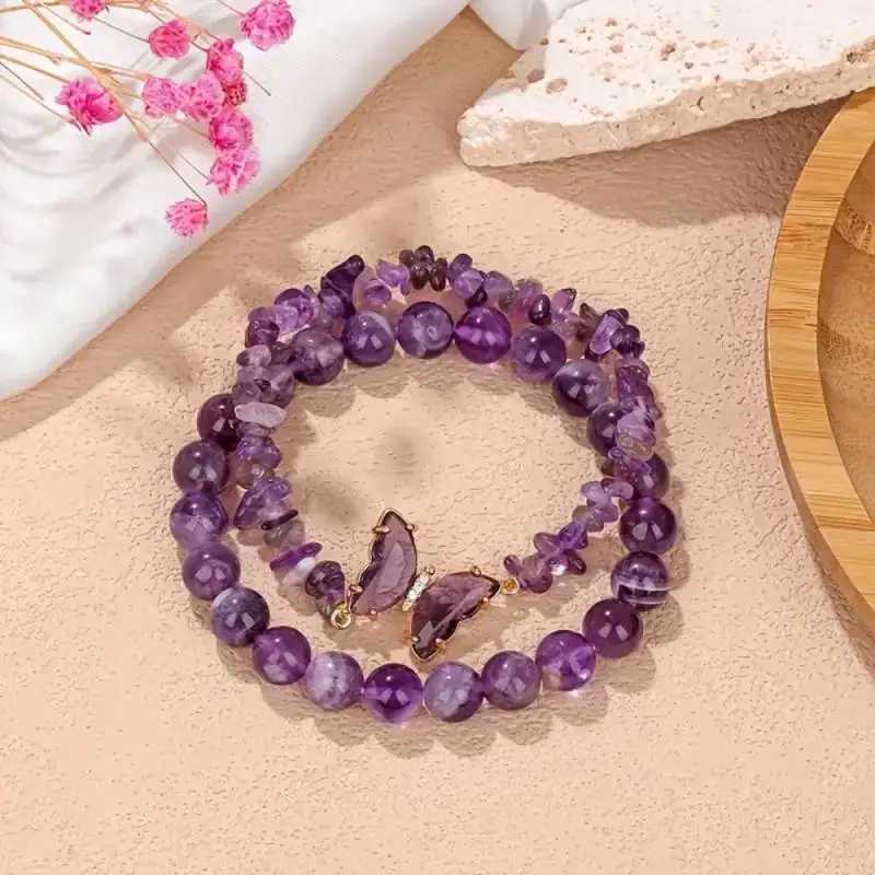 2-piece set of sromantic amethyst obsidian quartz bead butterfly bracelet for women elastic bracelet with positive energy for daily commuting W240913