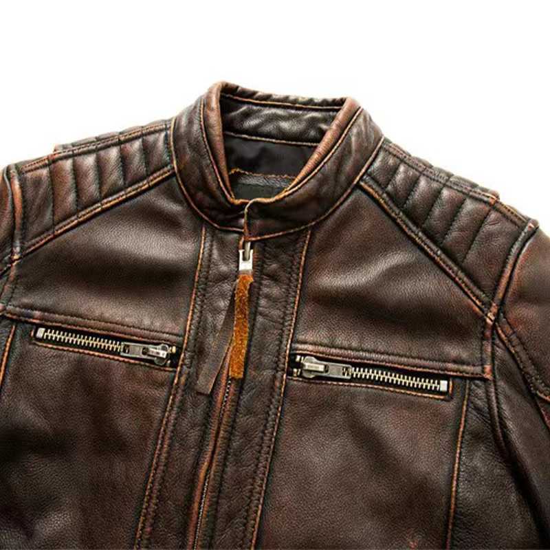Top-Quality Cowhide Genuine Leather Jacket Mens Fashion Retro Old Collar Biker Jacket Spring And Autumn New StyleX240913