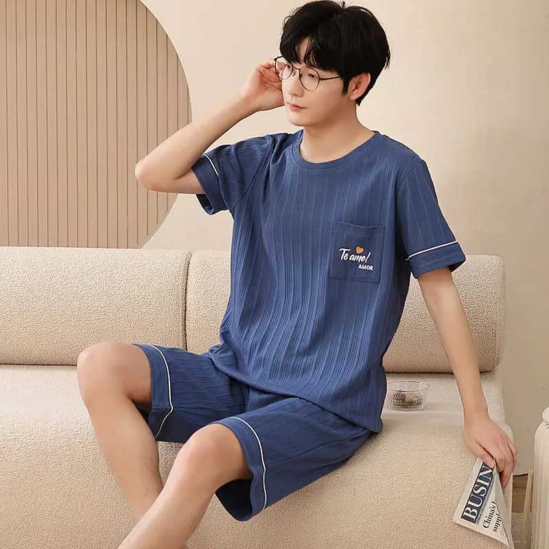 2023 Cotton Mens Pyjamas Set Summer Short Sleeve Sleeping Tops Shorts Sleepwear Young Boys Nightwear Korean Fashion Pjs Pijamas Y240913