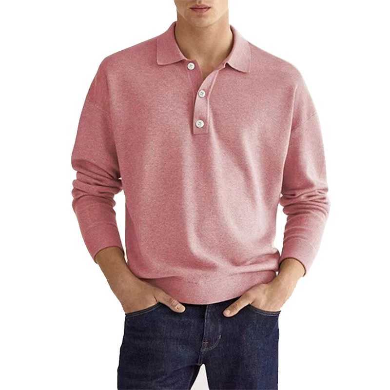 Mens casual long sLeeved shirt fashionable solid color lapel button business casual POLO shirt Pullover T-shirt Street Wear W240913