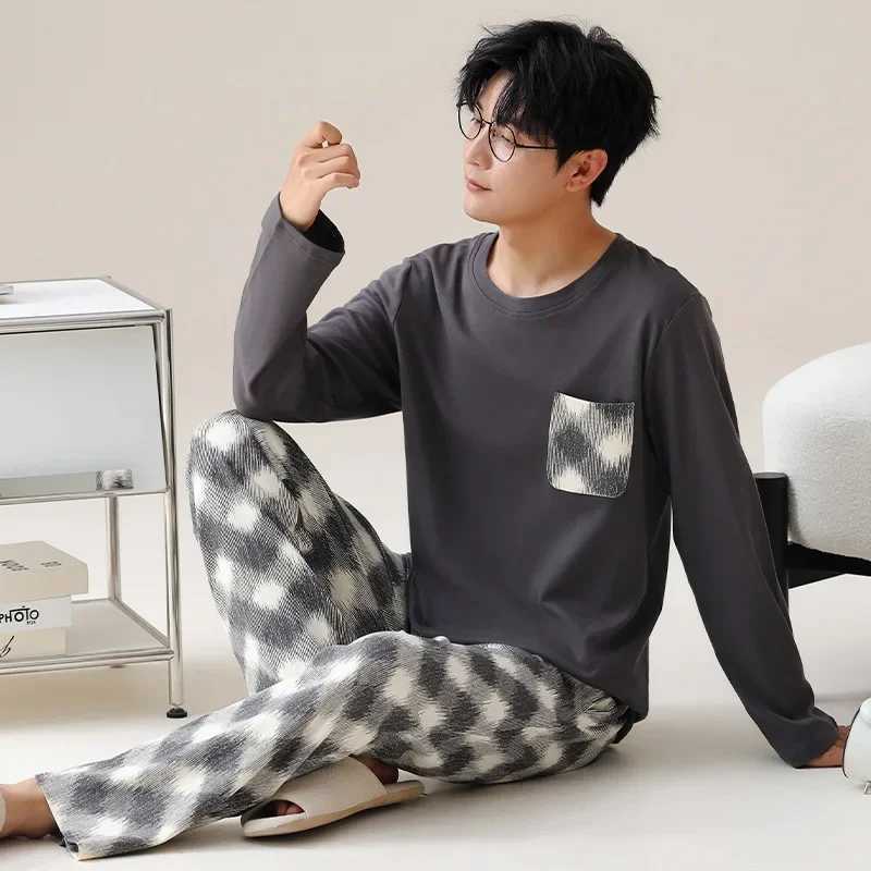 2024 Cotton Homewear for Man Autumn Long Sleepwear Big Size L-3XL Nightwear Korean Fashion Pullover Pajamas Set Young Boy Male Y240913