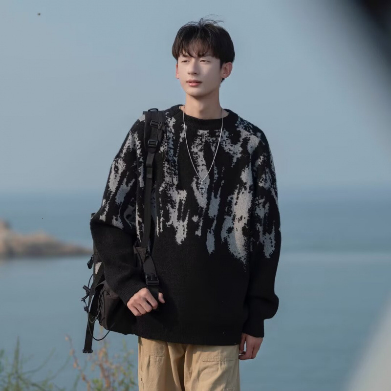 Men Sweaters Tie dye sweater for men American style loose knit sweater autumn and winter temperament new casual sweater high street Mens crew neck swe