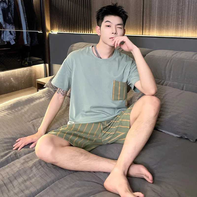 Mens Two-Piece Pajamas Homewear Summer Mens Pajamas Cotton Short-Sleeved Shorts Large Size Teenage Boys Casual Homewear Set Y240913