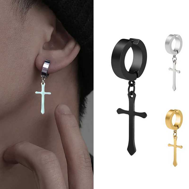 Fashion Titanium Steel Cross Ear Clip Earrings For Men Women Stainless Steel Punk Black Single Earring Fake Earrings JewelryX240913