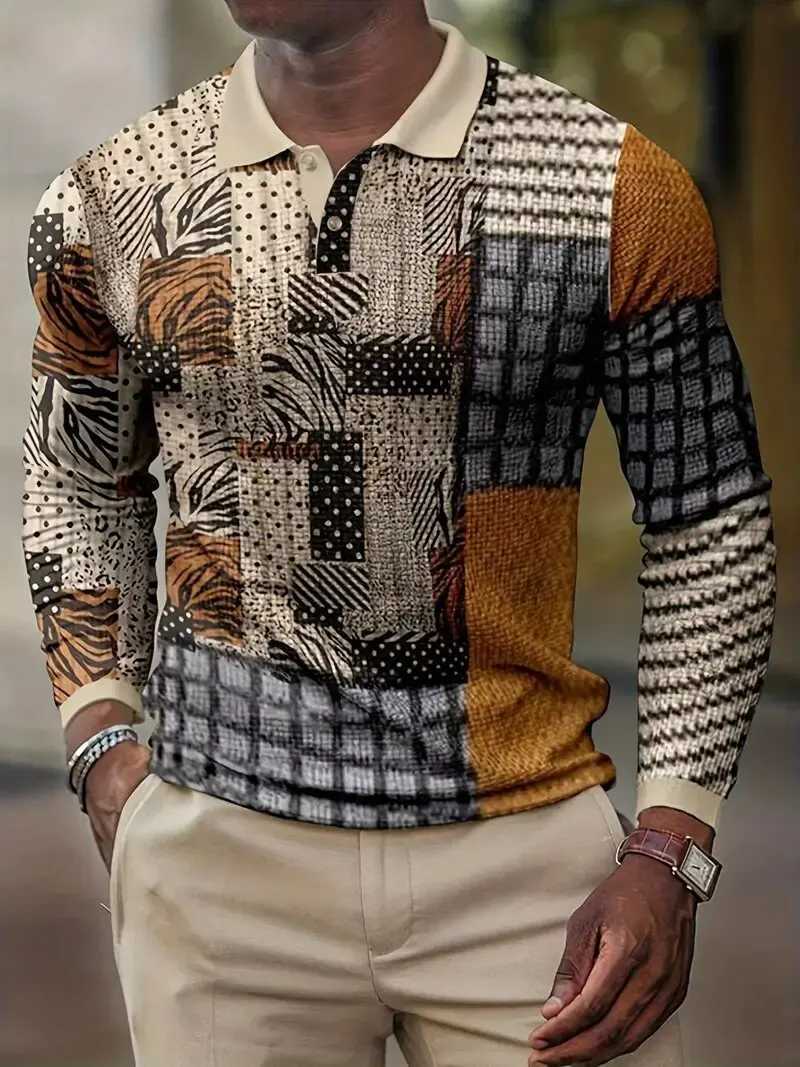 Mens casual long sLeeved lapel shirt with retro checkered pattern mens fashionable shirt W240913