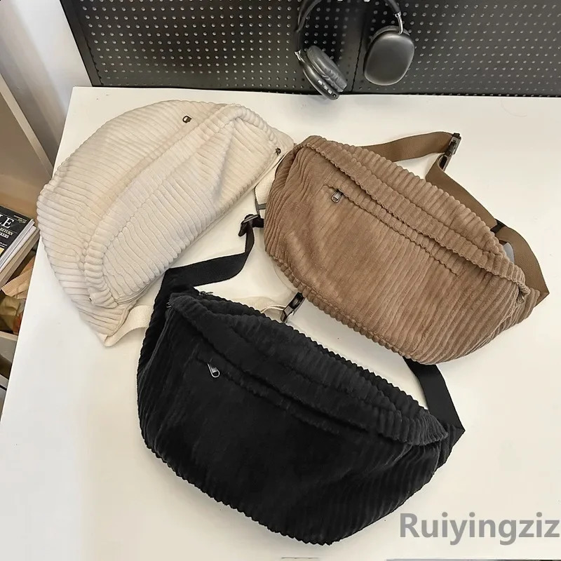 Large Capacity Waist Bag Women Shoulder Crossbody Bags Casual Fanny Pack Simple Phone Purse Corduroy Waist Bag Ladies Banana Bag 240909