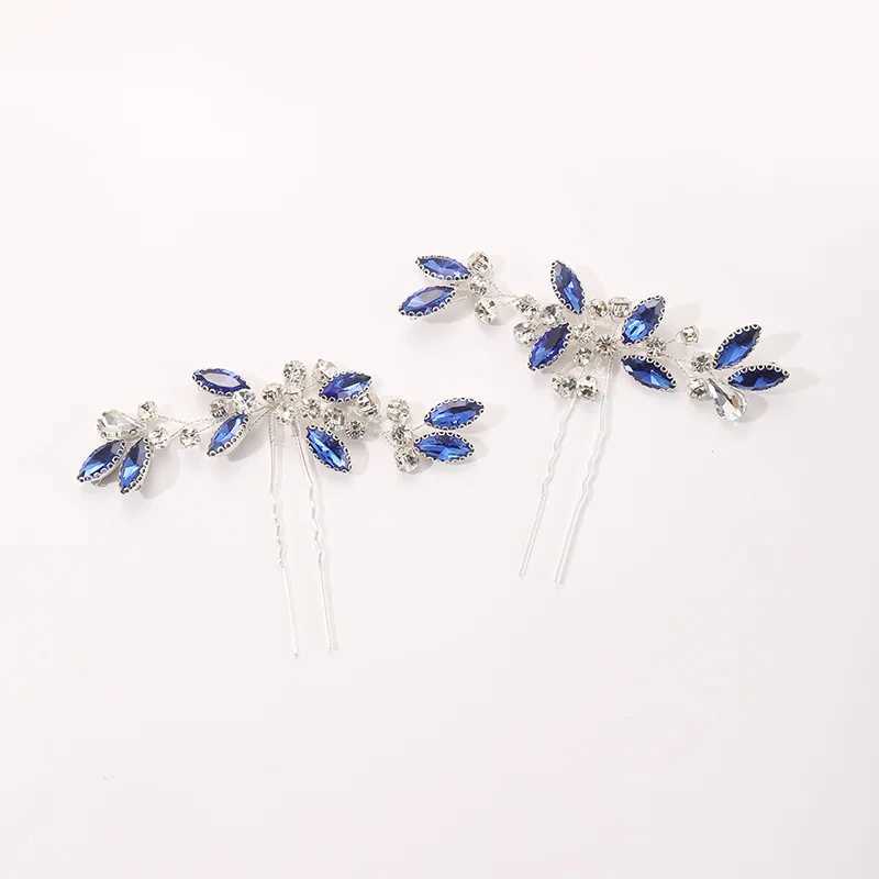 Blue Leaf Hairpin Wedding Hair Accessories For Women U-shaped Crystal Hair Clip Fork 2023 New Bride Hair Jewelry Marrige TiarasX240913