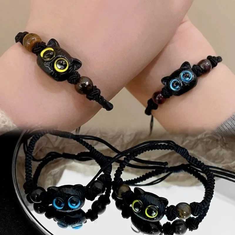 1/2 Cute Natural Stone Black Cat Bracelet Womens Fashion Cartoon Animal Bead Bracelet Handmade Fashion Jewelry Gift W240913