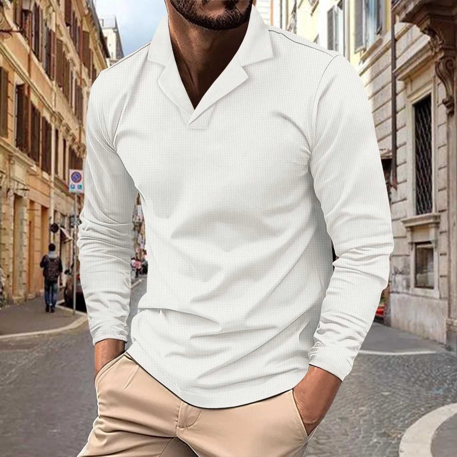 Mens waffle shirt casual long sleeved solid color polo shirt top lapel shirt mens business black sports shirt W240913