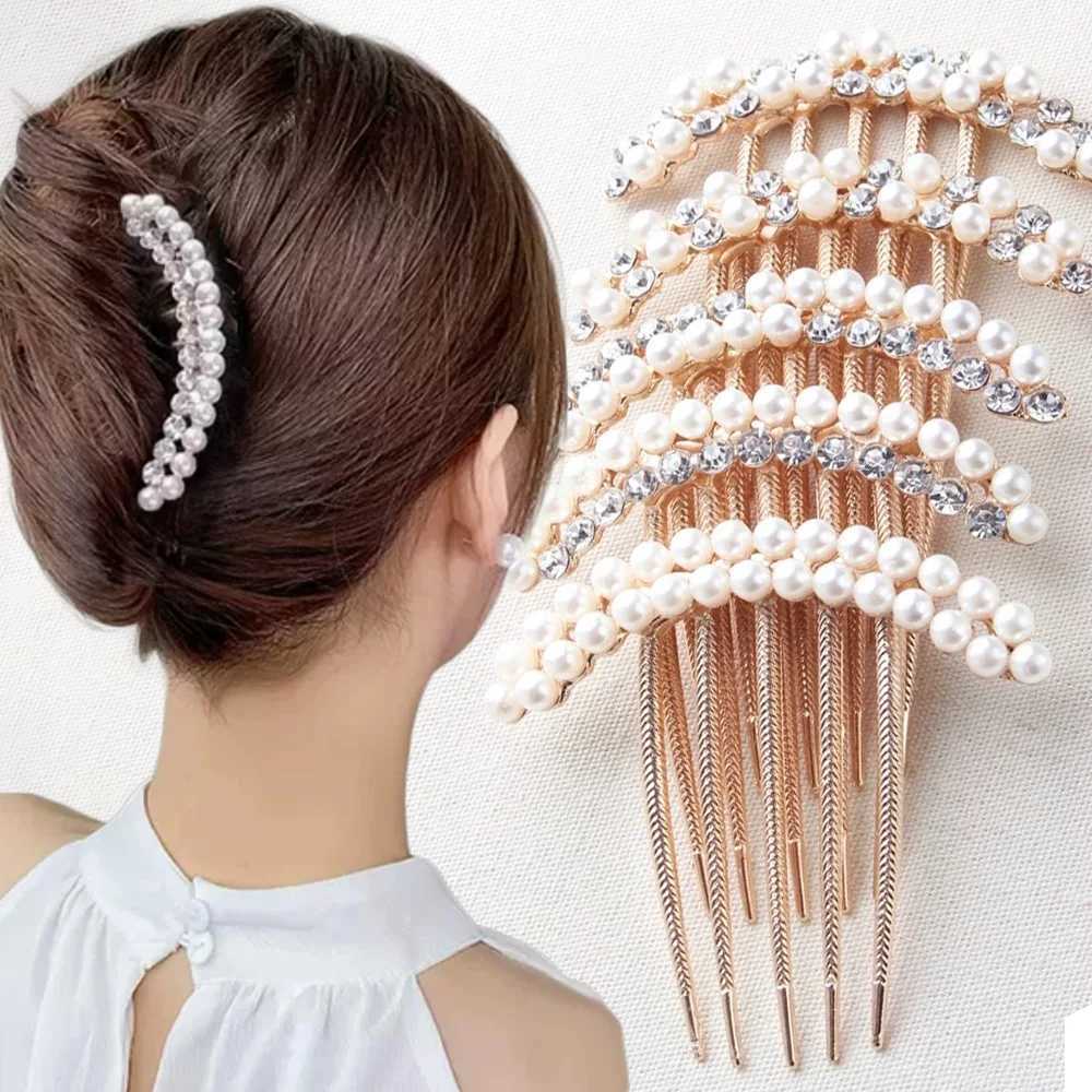 Elegant Pearl Hair Combs Hairpin Women Luxury Crystal Bun Decor Wedding Bridal Hair Claw Clips Hair Jewelry AccessoriesX240913