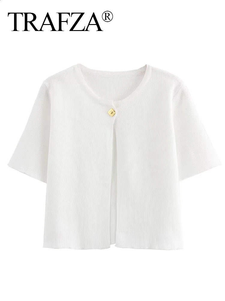 TRAFZA 2024 Women Thin Knitted Short Top Casual Solid ONeck Sleeves Single Button Sweater Cardigan Jacket Outwear 240910