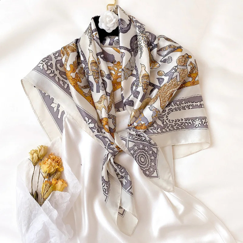 Spring 100% Mulberry Silk Scarf Women er Birds Horse Print Square Bandana Ladies Party Accessories Wear Shawl Foulard 240909
