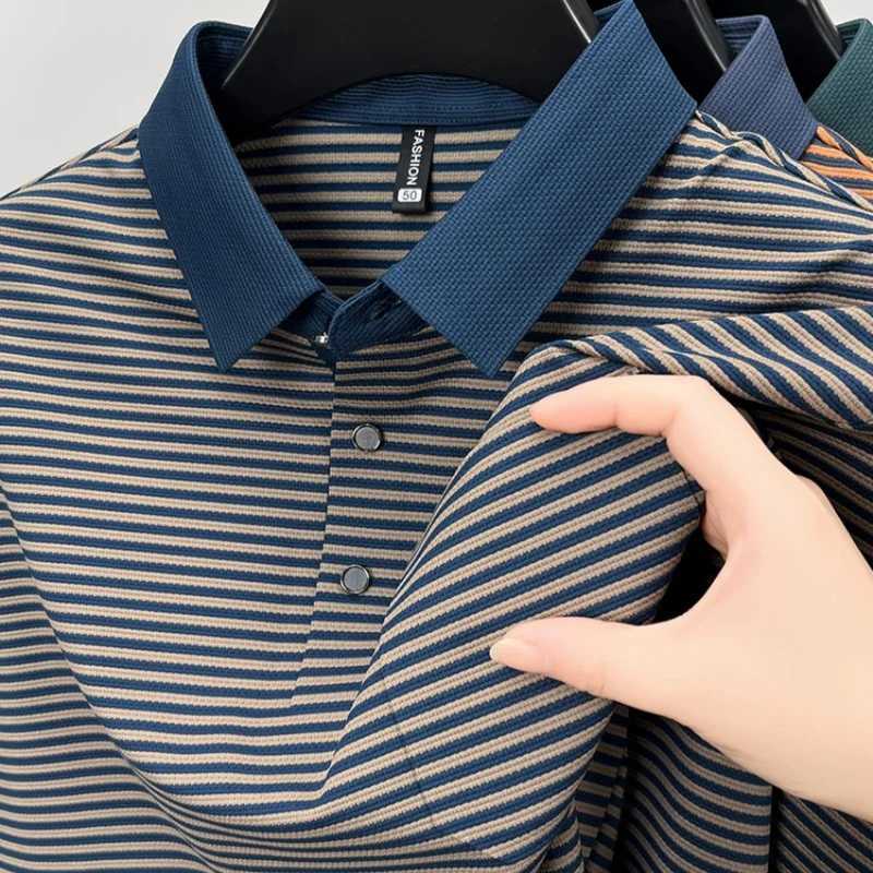 High end luxury brand mens polo shirt 2024 autumn fashion striped pocket ice silk long sleeved casual trend lapel mens clothing W240913