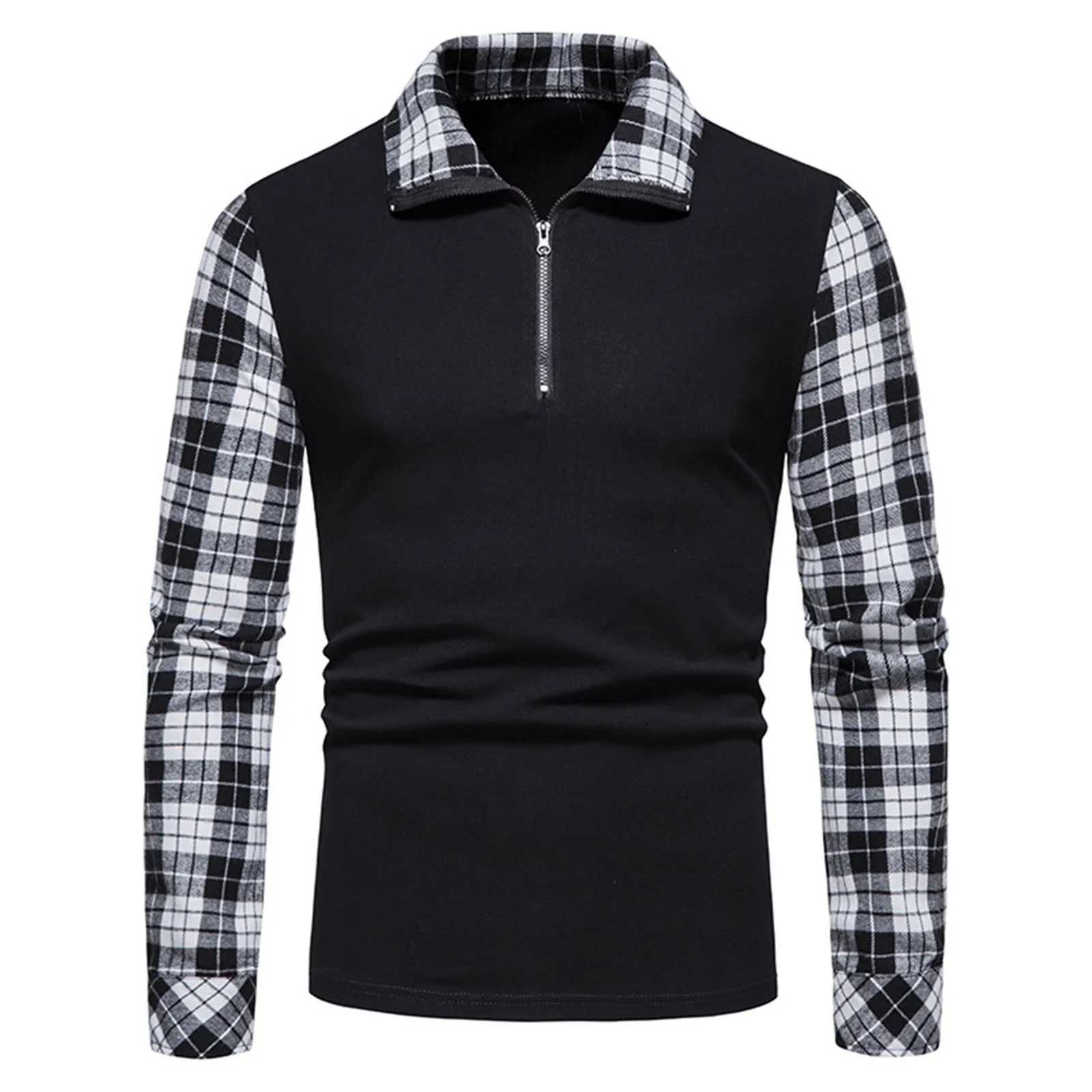Mens polo shirt zipper long sleeved business zipper top official work plain weave splicing T-shirt mens casual T-shirt W240913