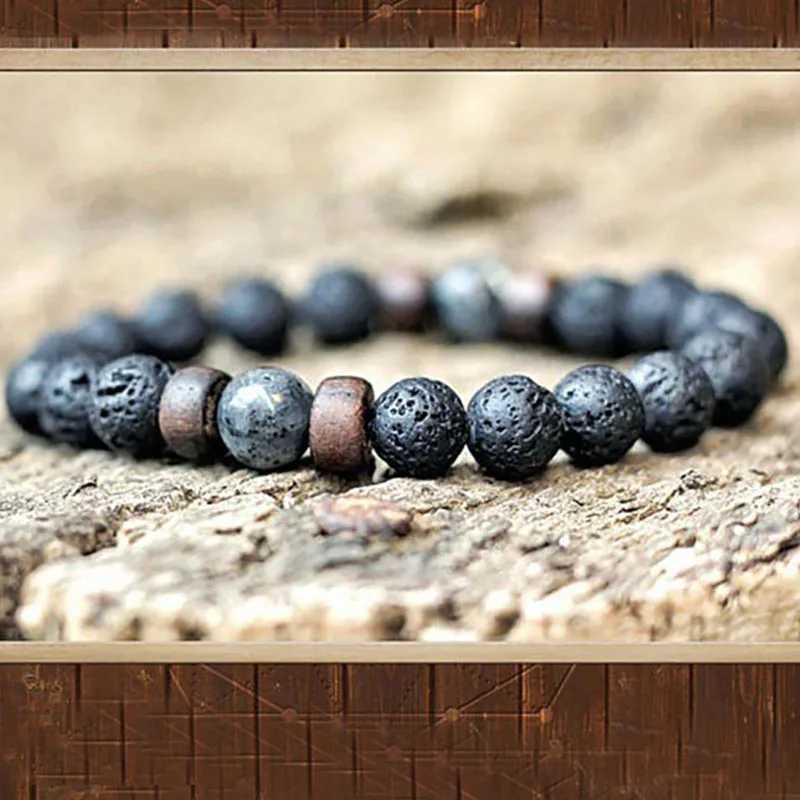 Unique Natural Molten Rock Mens Bracelet 8mm Bead Treatment Chain Bracelet Pulseria Homme Meditation Jewelry Accessories Joias W240913