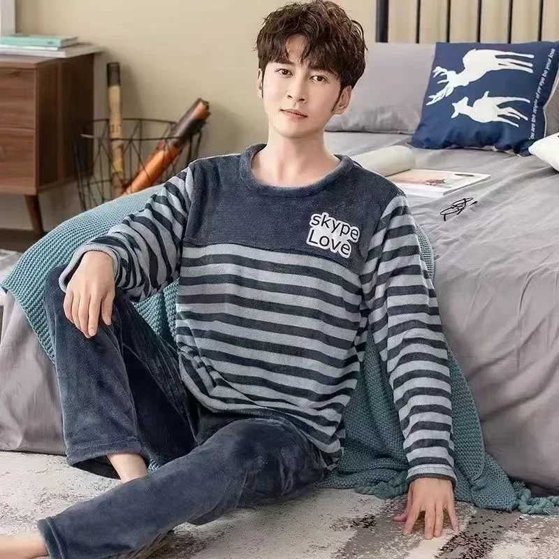 Men Winter Warm Flannel Pajama Sets Long Sleeve Thick Homewear For Men Coral Velvet Cute Cartoon Sleepwear Suit Pyjamas Homewear Y240913