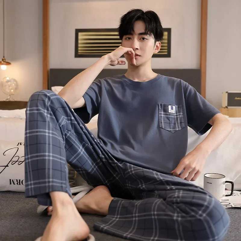 Mens Thin Cotton Pajama Set Summer Short Sleeve Underwear For Youth 2024 New Style Home Clothes Suit Y240913