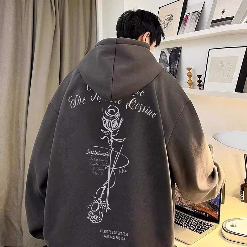 Rose Hooded Sweatshirt For Male Students, American Spring And Autumn Pullover Hoodie, Hoodie Trendy Brand, Loose And Versatile Hoodie Top, Trendy