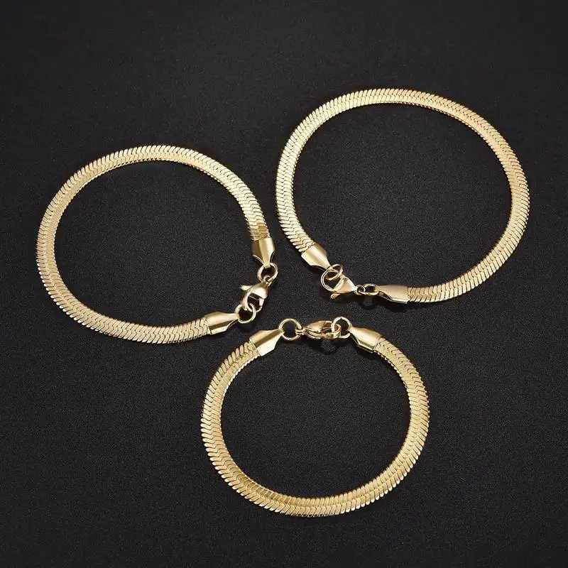 3/4/5mm Gold Plated Stainless Steel Flat Bracelet Waterproof Filmy Snake Chain for Men Women Classic Bracelets Jewelry XJ250707