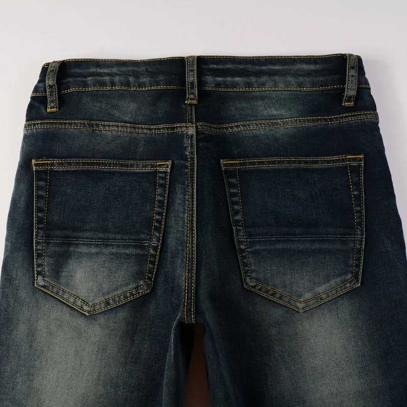 Classic Distressed Blue Holes Leather Ribs Patchwork High Quality Stretch Skinny No Brand Tags Ripped Jeans Men M240912