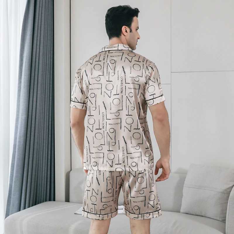 2-piece pajama mens summer short sleeved shorts with ice silk thin letter print lapel cardigan sleepwear home suit Y240913
