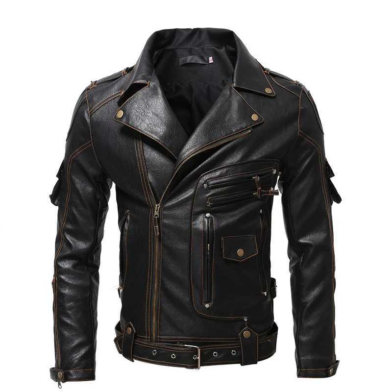 Mens Retro Motorcycle Leather Jacket with Multiple Zippers and Pockets Handsome Jacket Oversized Performance Fake LeatherX240913