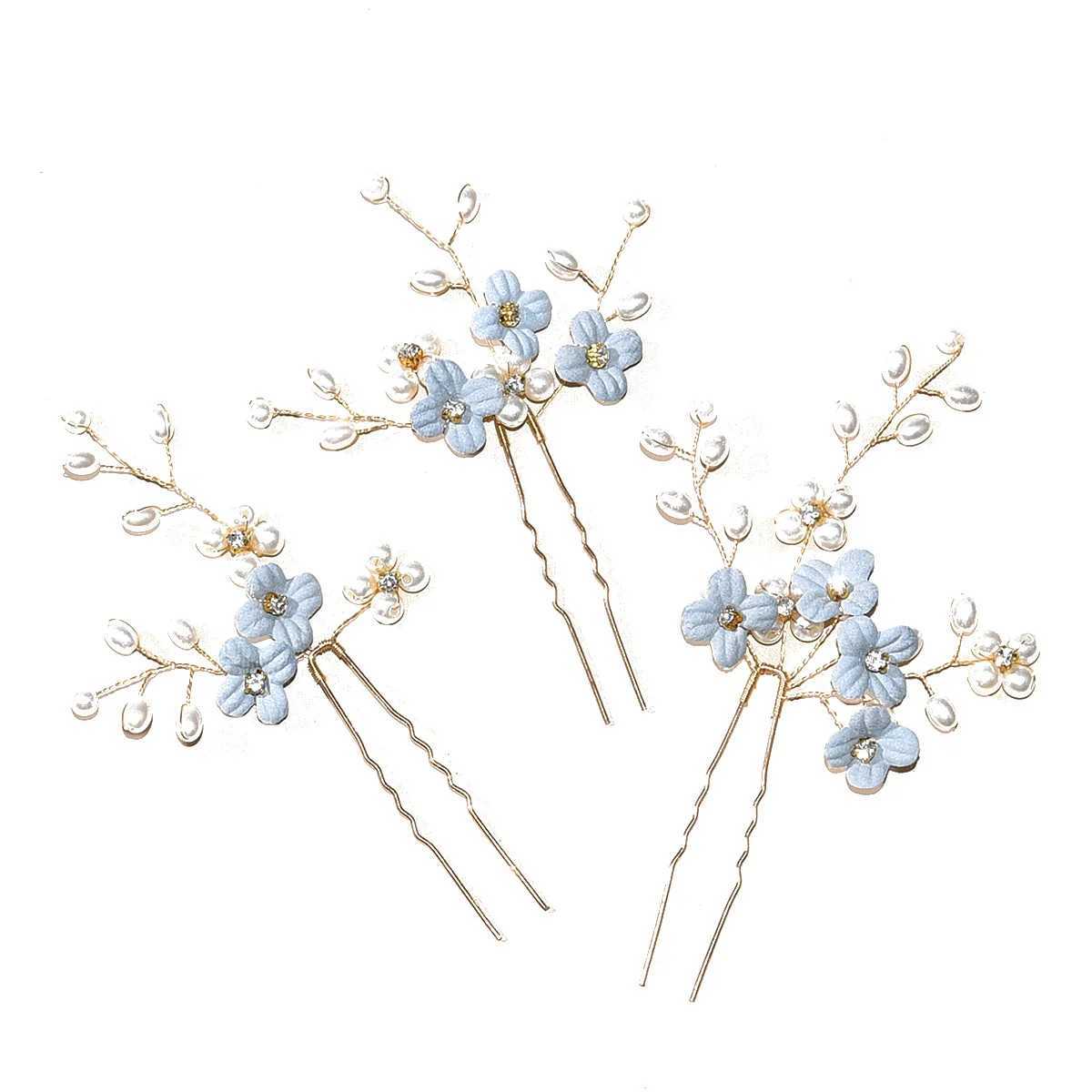 3pcs Blue Flower U Shaped Hair Pins Pearl Elegant Hair Clips Headwear for Wedding Bridal Hairclip Women Hair Jewelry AccessoriesX240913