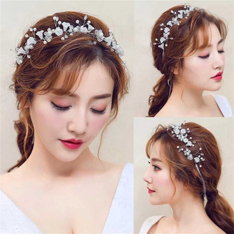 Silver Color Handmade Pearl Flower Headband Bridal Wedding Crown Hair Accessories Hair Band Tiara Crystal Headpiece Hair JewelryX240913
