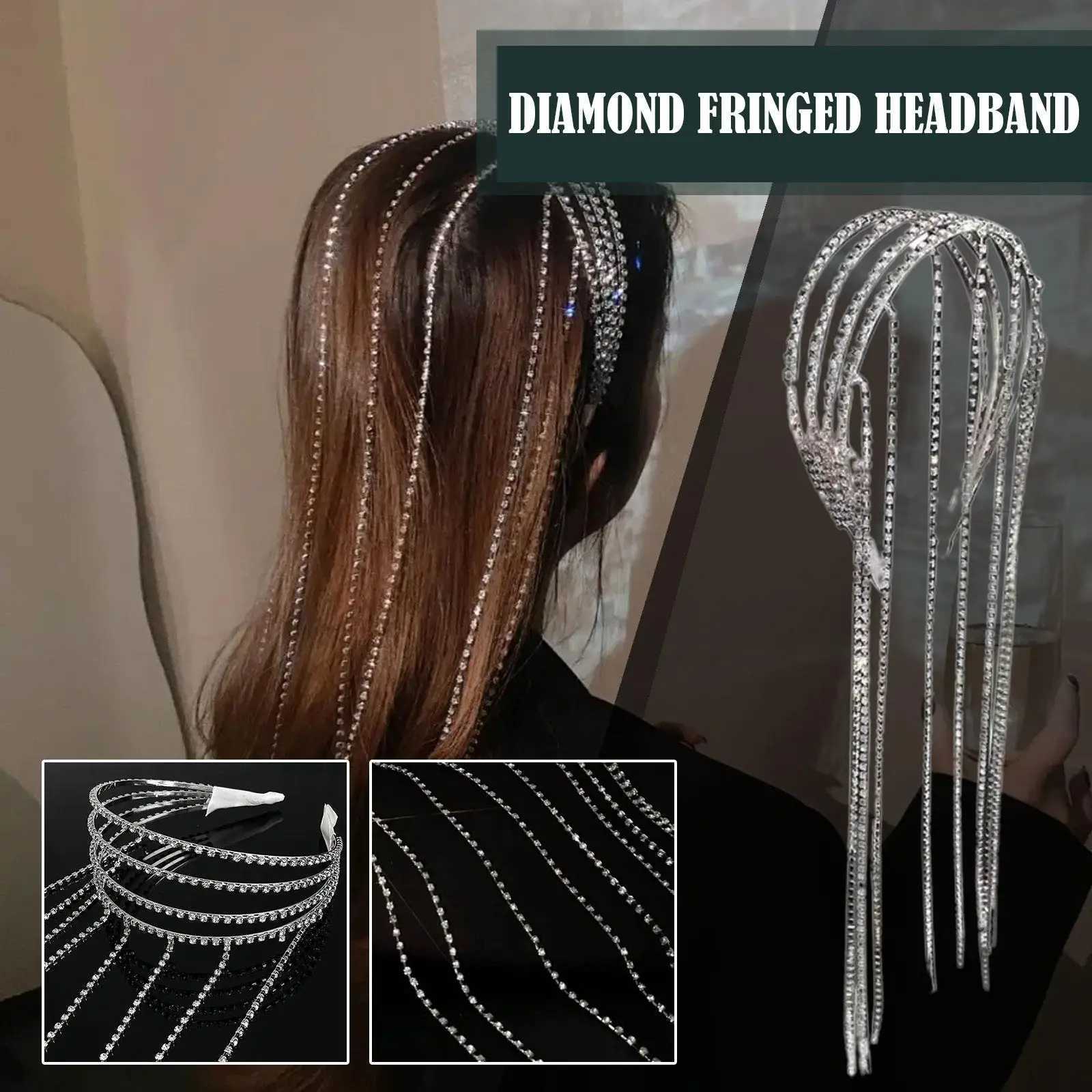 Full Rhinestone Long Tassel Headband For Women Multilayer Flashing Crystal Hairband Party Hair AccessoriesX240913