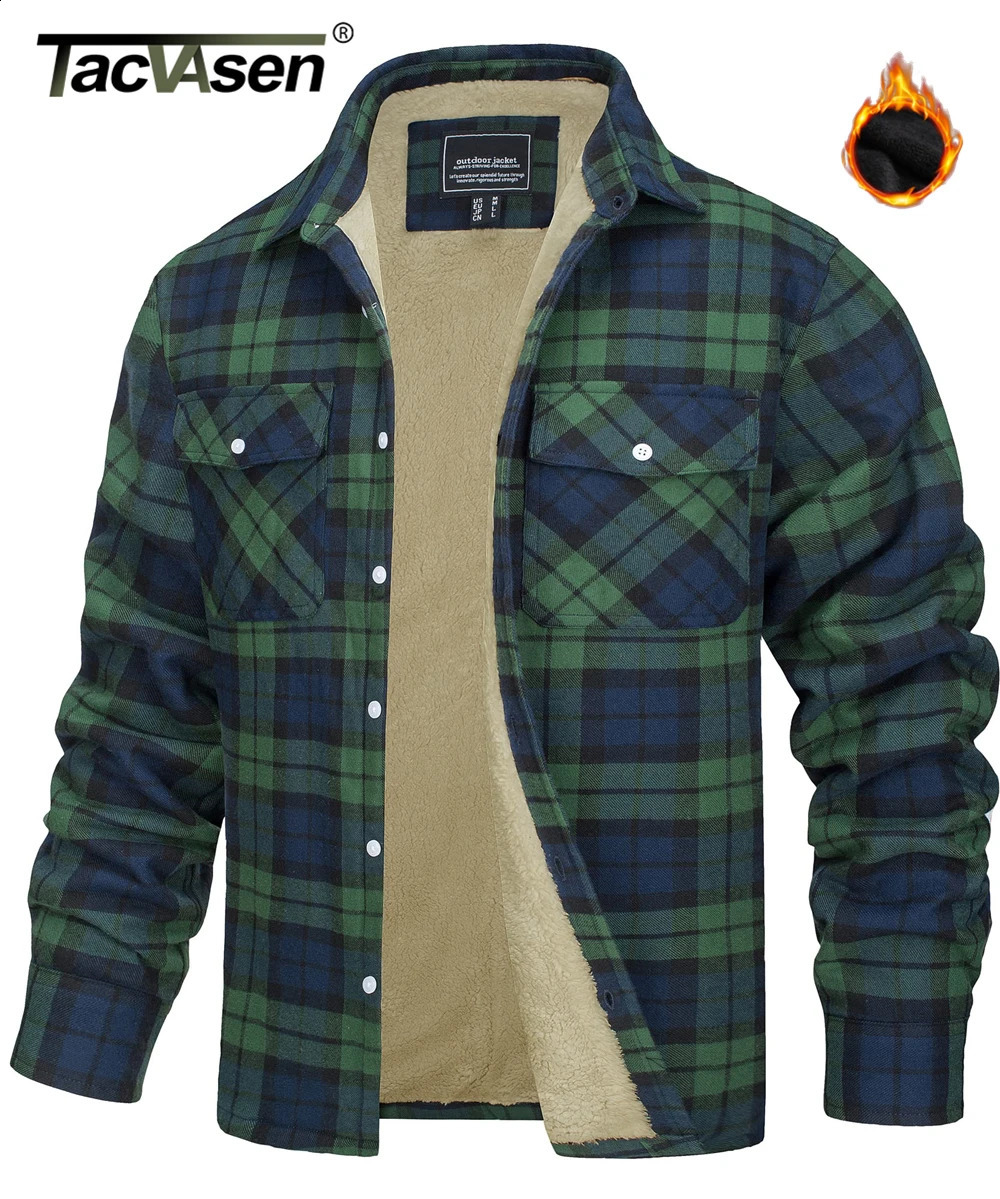 TACVASEN Fleece Lining Jackets Mens Flannel Cotton Jackets Plaid Casual Button Down Cargo Work Coats Thicken Outwear Man Tops 240911