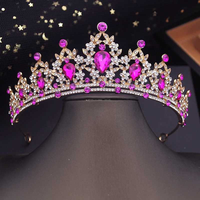 Rose Red Wedding Tiara Crystal Bridal Crown Gold Color Diadem Veil Tiaras Hair Accessories Princess Headpieces Head JewelryX240913