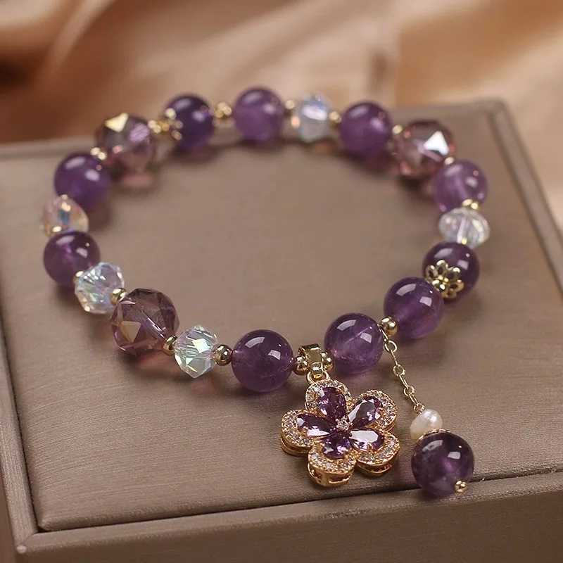 FEEHOW 2024 New Amethyst Bead Bracelet Suitable for Women Shining Zircon Flower Water Drop Charm Fashionable Party Handmade Jewelry W240913