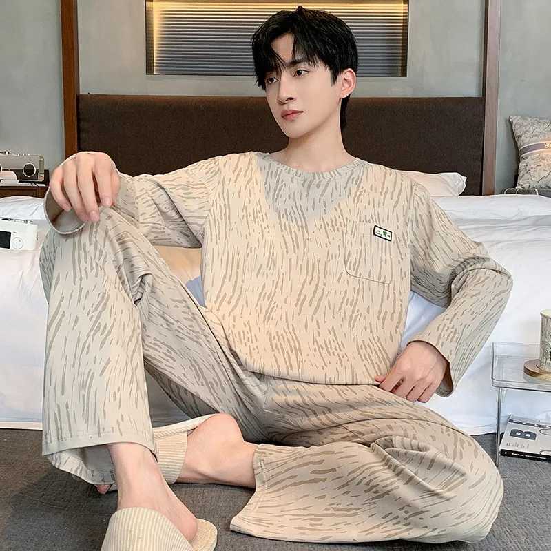 Mens Two-Piece Pajamas Autumn New Cotton Mens Pajamas Long-Sleeved Trouser Student Teenage Homewear Suit pijama hombre Y240913