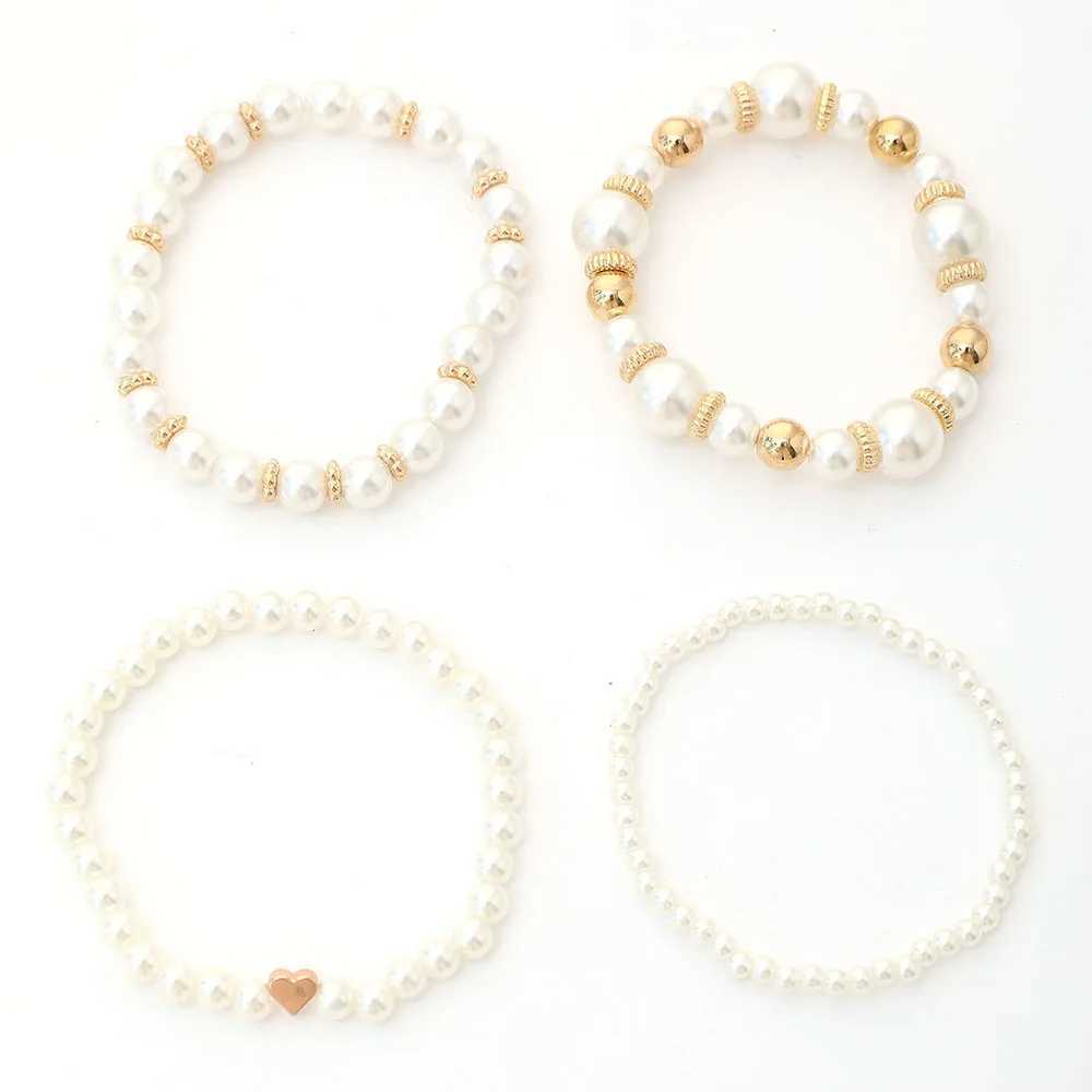 4pcs/Set Simple White Faux Pearls Beads Beaded Heart Temperament Bracelet Set Elegant Handmade Hand String Jewelry Accessory W250121