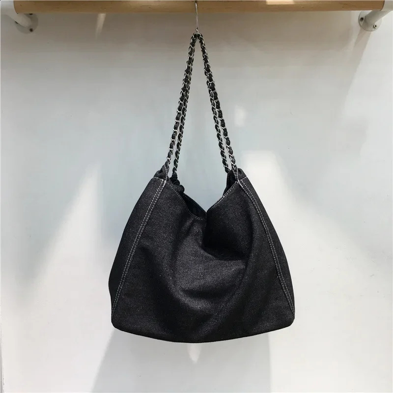 Large Capacity Denim Canva Tote Bag Womens Shoulder Bag Chain Ins Style Korean Fashion Shoulder Handbag 240907