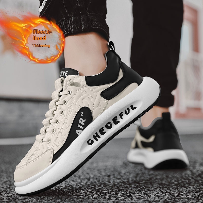 Leather low cut ankle sports for students, outdoor men, thick soled casual shoes, autumn and winter new styles, with plush warm cotton shoes