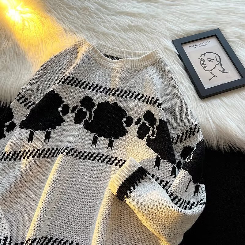 Men Sweaters Autumn and winter new student lazy style retro jacquard sweater Korean version couple knitted sweater jacket trendy Mens crew neck sweate